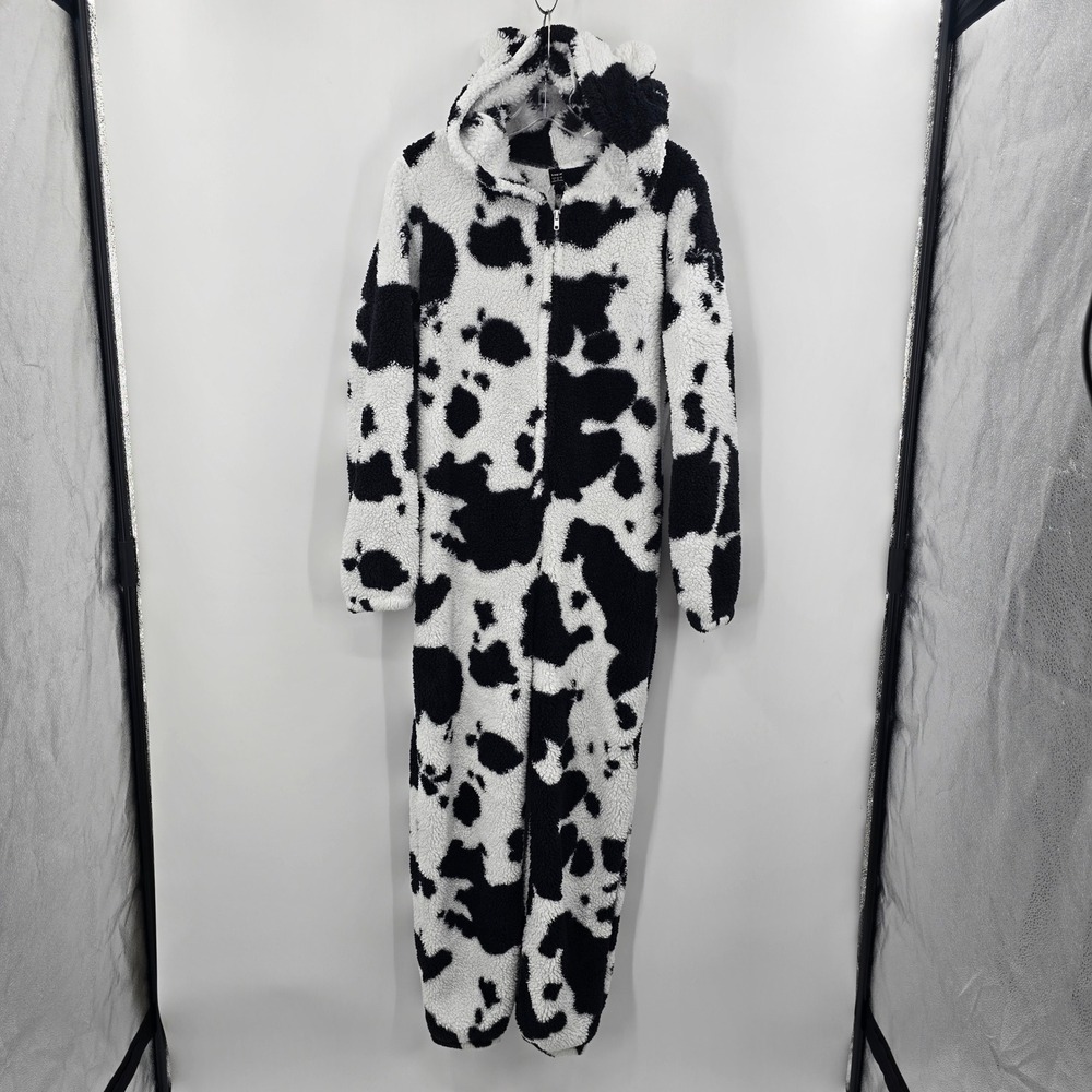 SHEIN Cow Print Fleece Hooded Onesie Pajamas Black White Size Medium M Costume